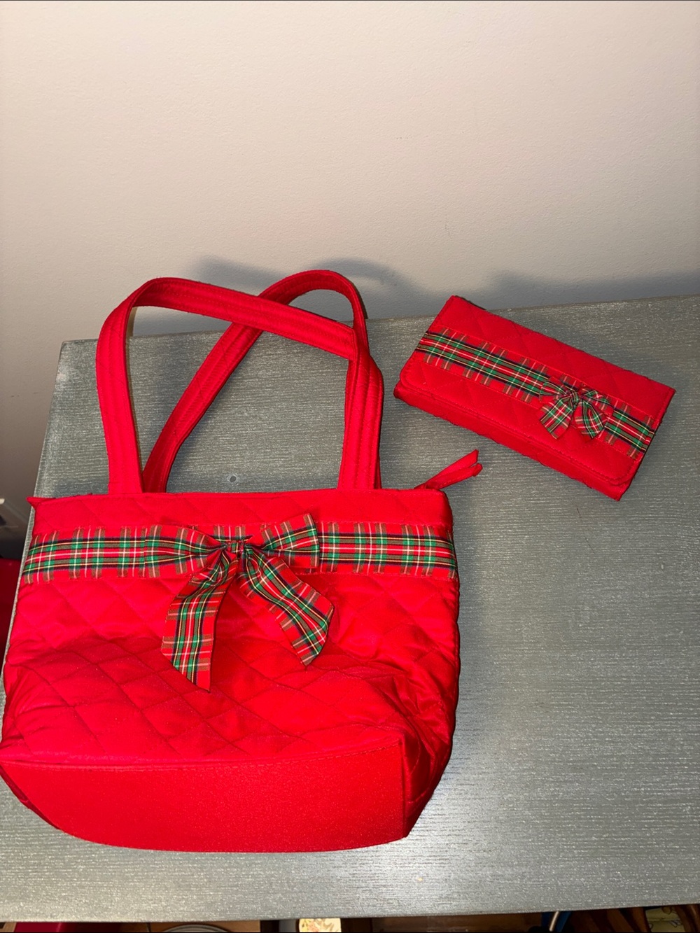 Christmas tartan Ribbon Red Plaid Purse QUILTED Matching Wallet EUC